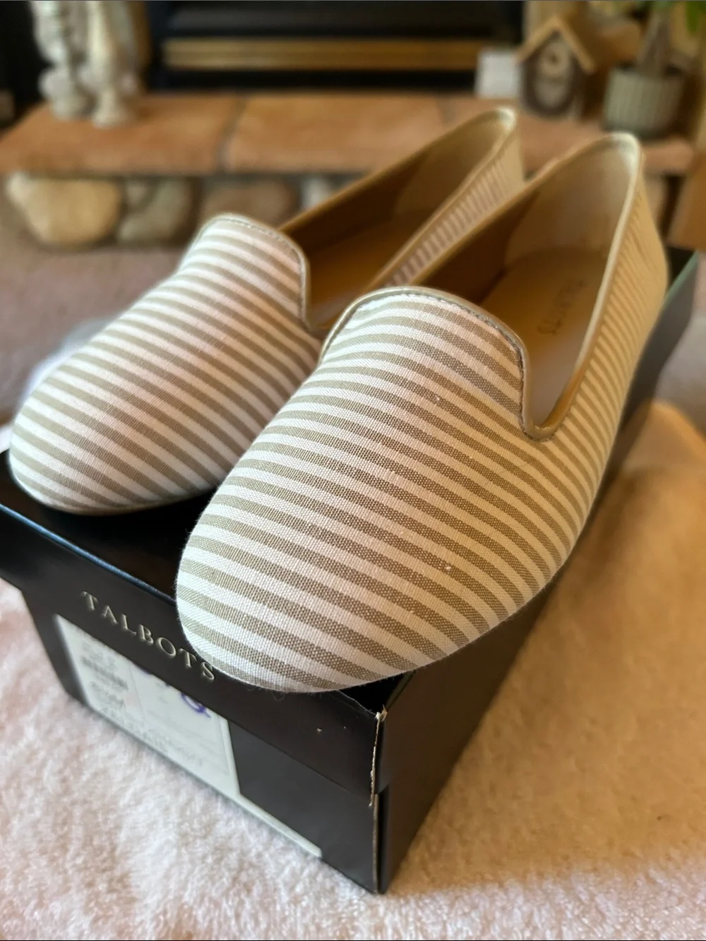 Talbots Zelda Beige and White Striped Slip-On Loafers, Size 6.5 | NWT | 257568